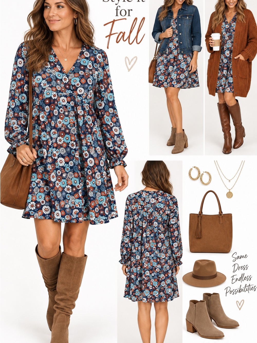 Umgee Blue Floral V-Neck Long Sleeve Swing Dress